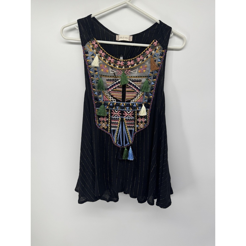 Altar'd State Tank Top Womens Large Black Embroidered Tassel Boho Tunic